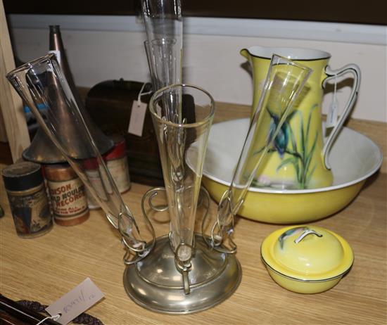 A plated four-glass epergne and a part toilet set decorated with kingfishers